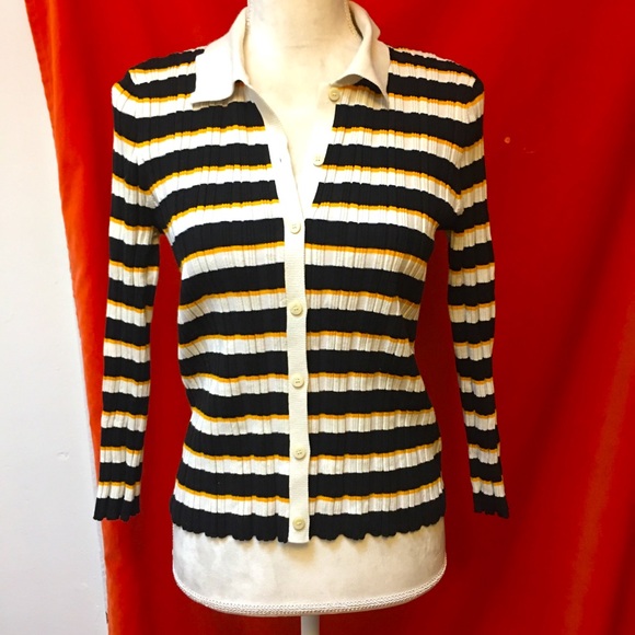 Theory ribbed knit cropped top polo collar striped size m - Picture 1 of 7